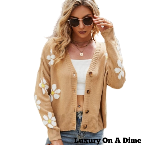 Retro Knit Daisy Flower Classic Button Front Long Sleeve Cardigan Fun 70s Floral - Picture 2 of 11